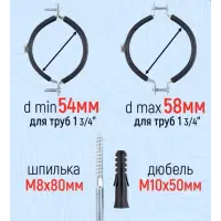 Хомут с гайкой 1 3/4" (54-58), шпилька-шуруп м8, дюбель пластиковый (Эльф)