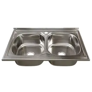 Мойка нержавеющая накладная, двойная, 60х80 (0,8), выпуск 3 1/2", с сифоном без гофры, глянцевая