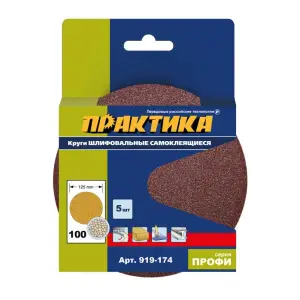 Круг шлифовальный на липкой основе ПРАКТИКА БЕЗ отверстий, 125 мм P100 (5шт.) картонный подвес