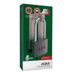 Замок навесной Ajax (Аякс) PD-01-63-L 3 англ. ключа (длин. дужка)(42243)