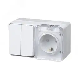 Блок ОП AtlasDesign PROFI IP54 (розетка одноместная 16А заземл. защ. шторки + двухклавишный выключатель 10А) белый SE ATN540174