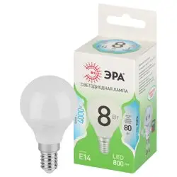 Лампа светодиодная 8Вт E14 220В 6500К 800Лм (белый) Шарик (P45) ЭРА, GREEN LINE LED P45-8W-840-E14 GL