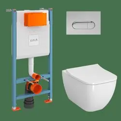 Унитаз подвесной Vitra Shift L-Box Rim-ex безободковый с инсталляцией, сиденьем и панелью смыва глянцевый хром в комплекте